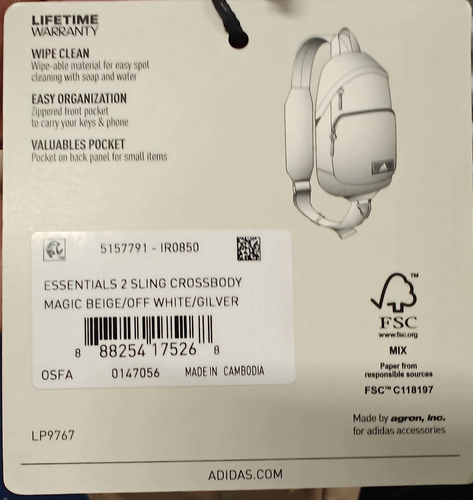 NWT Adidas Essentials 2 Sling Crossbody Bag Magic Beige Off White Gilver NEW
