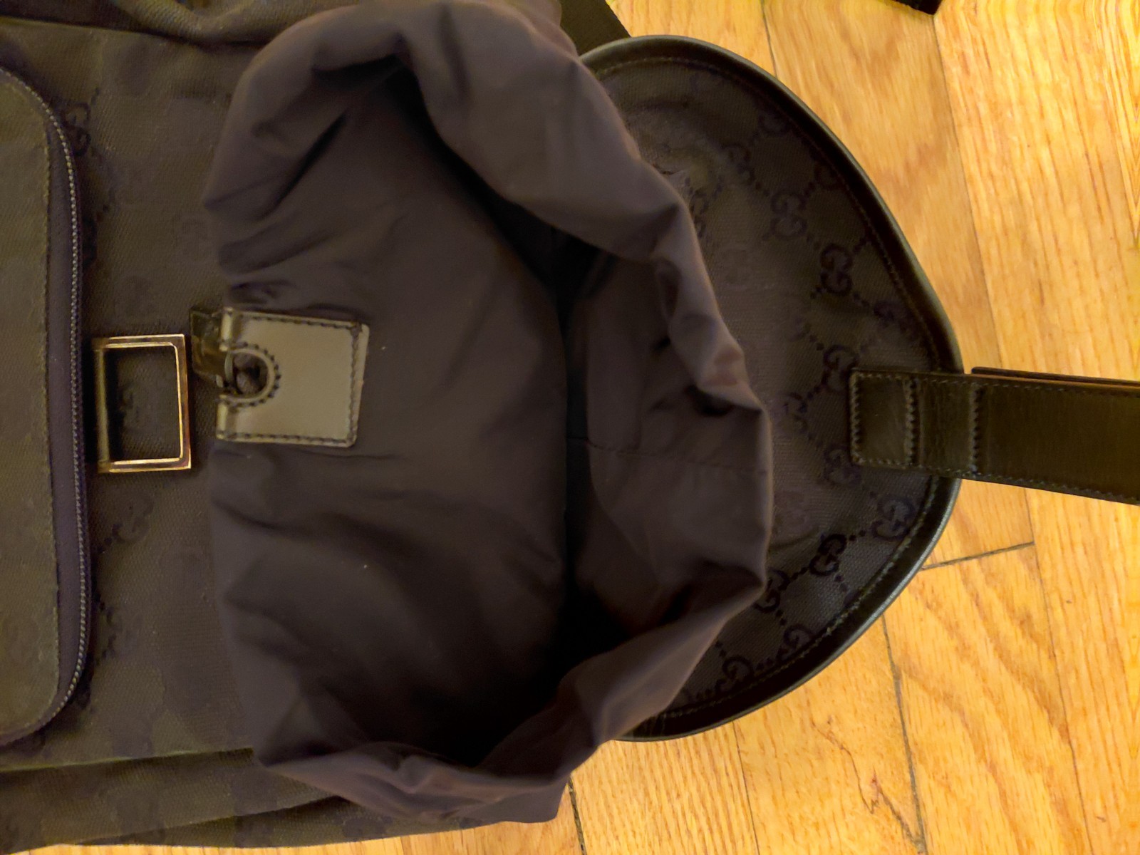 Vintage Gucci Black Monogram Backpack Adjustable Strap Inner Pockets