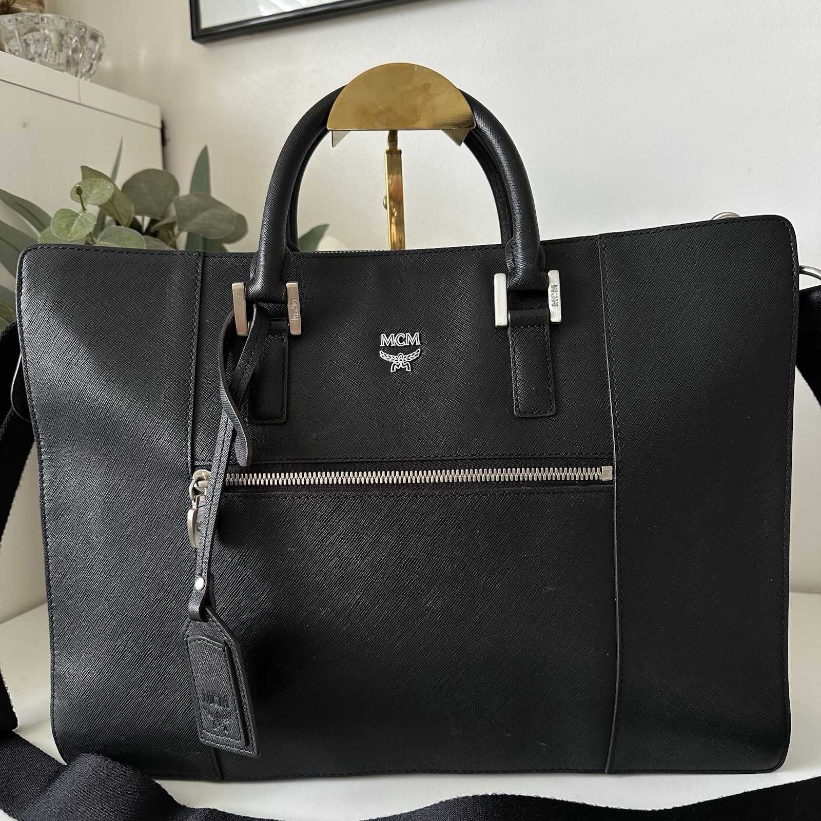 MCM Klassik Briefcase Black Saffiano Leather Silver Hardware Laptop Document