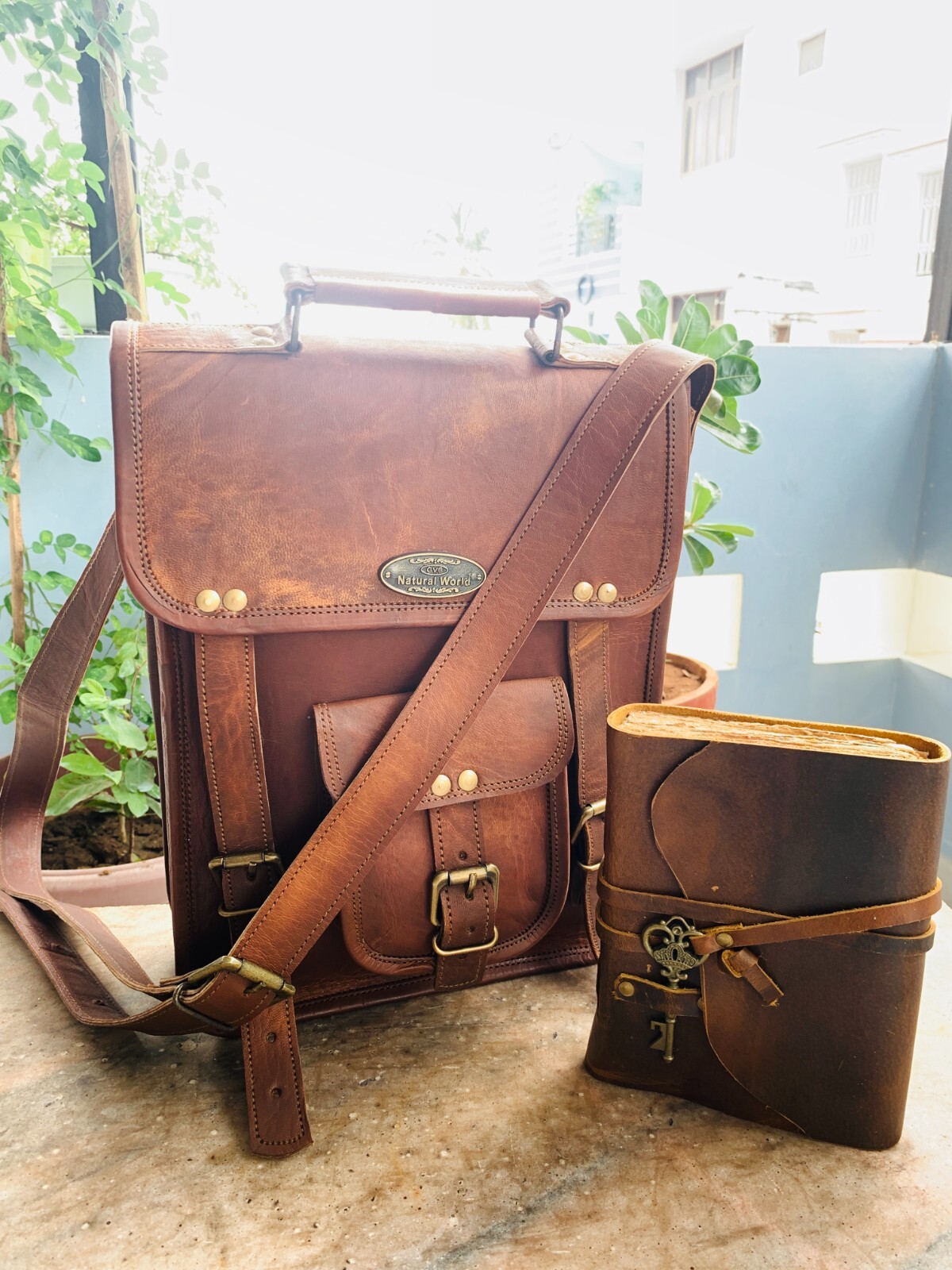 16″ Leather Messenger Handmade Genuine Shoulder Satchel Bag Free Key Journal