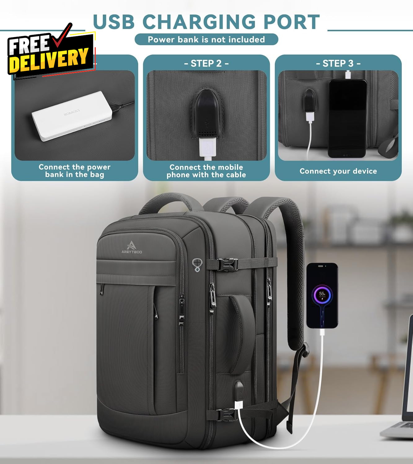 Travel Backpack 50L Expandable Extra Large Laptop Backpack Carry on Backpack W..