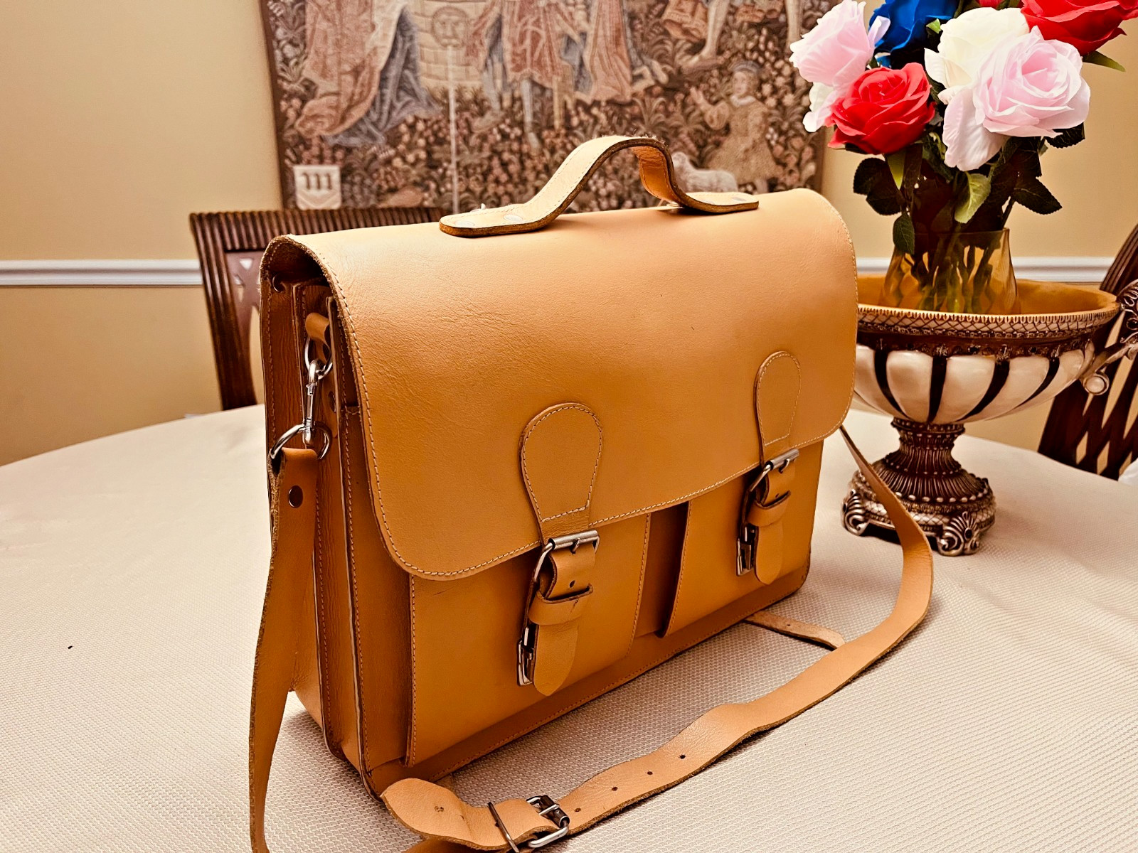 Natural Tan Saddle Leather Briefcase / Messenger Bag / Backpack – Germany