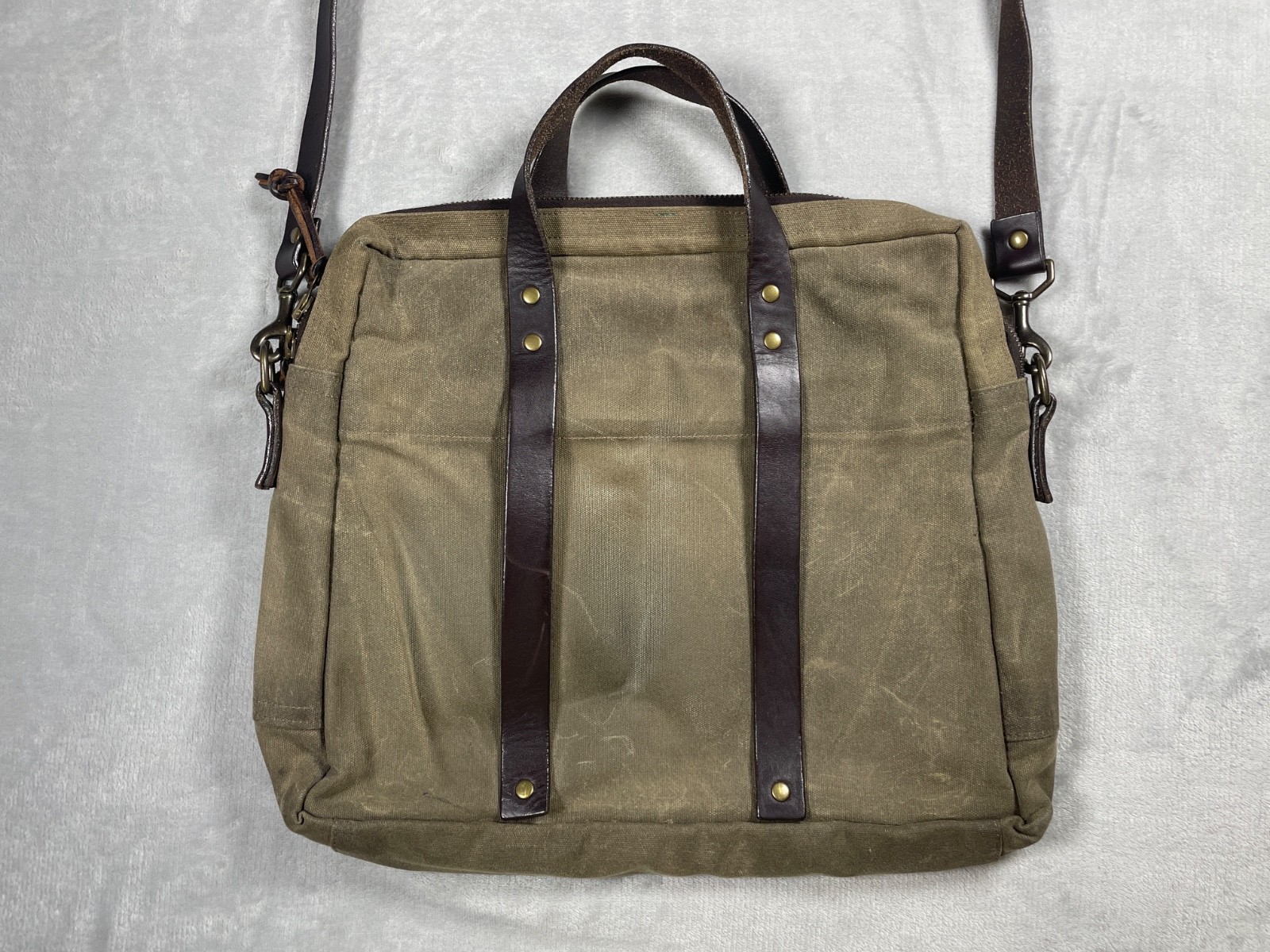 J. Stark Waxed Canvas Briefcase Messenger Bag Olive Brown Leather Strap USA