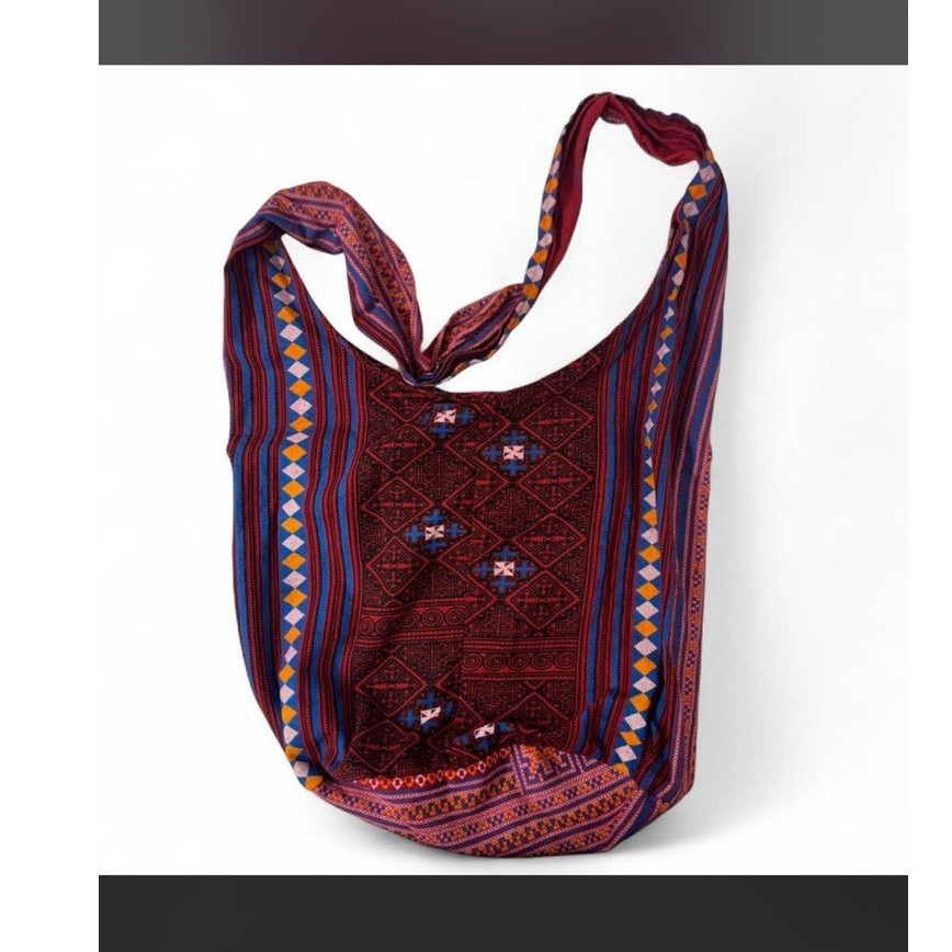 Ethnic Geometric Pattern Crossbody Shoulder Bag Zipper Inner Pocket Red Purple