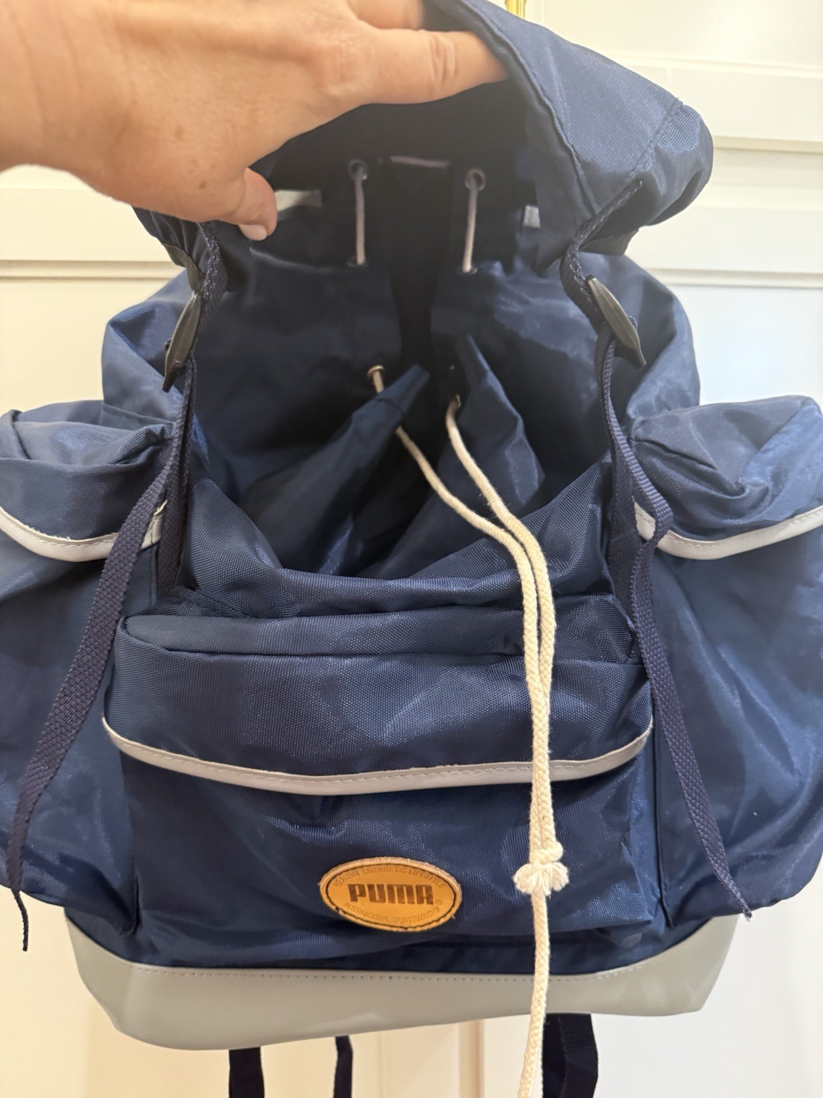 Y2K 90s PUMA King Backpack Blue Sports Bag with Gray Leather bottom VTG