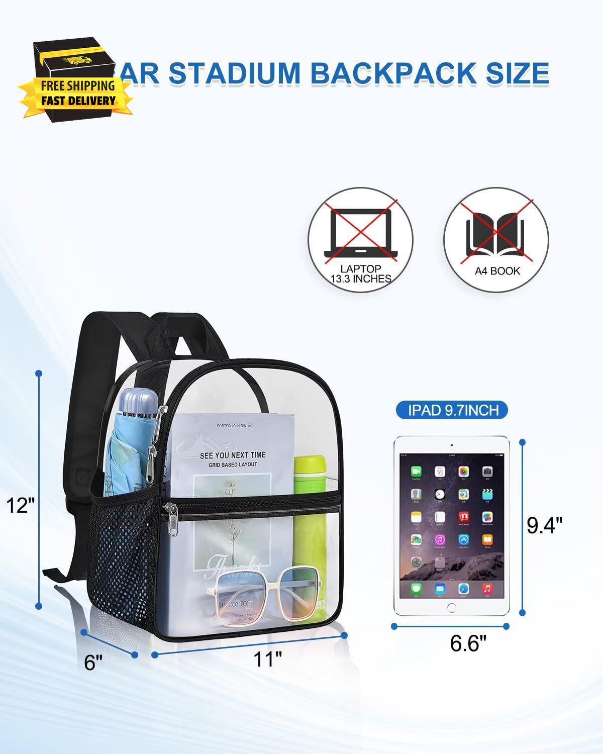 Clear Backpack for Stadium Events, 12X12X6 Small Clear Plastic Bag with Reinforc