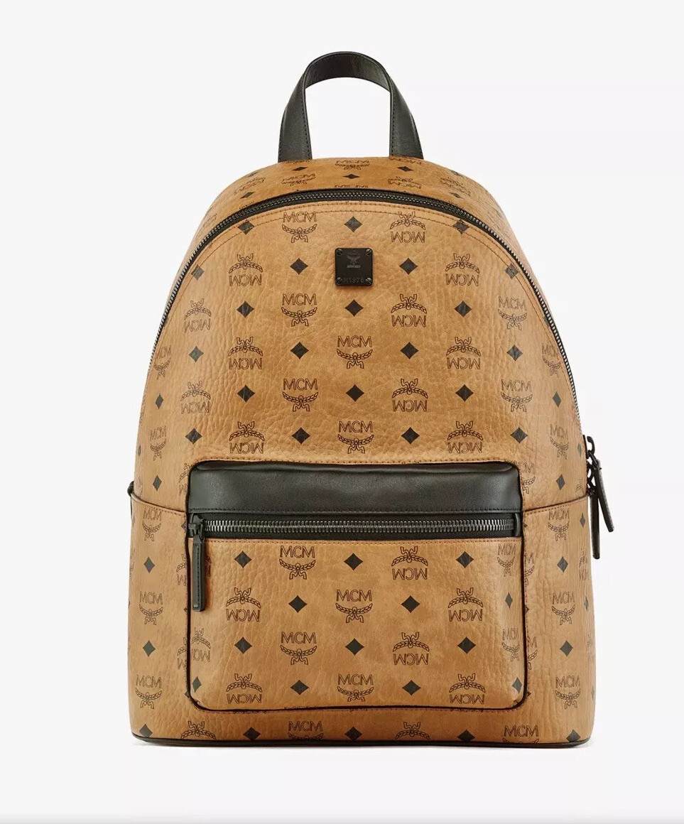 MCM Men’s Logo Monogram Medium Leather Backpack NWT Cognac