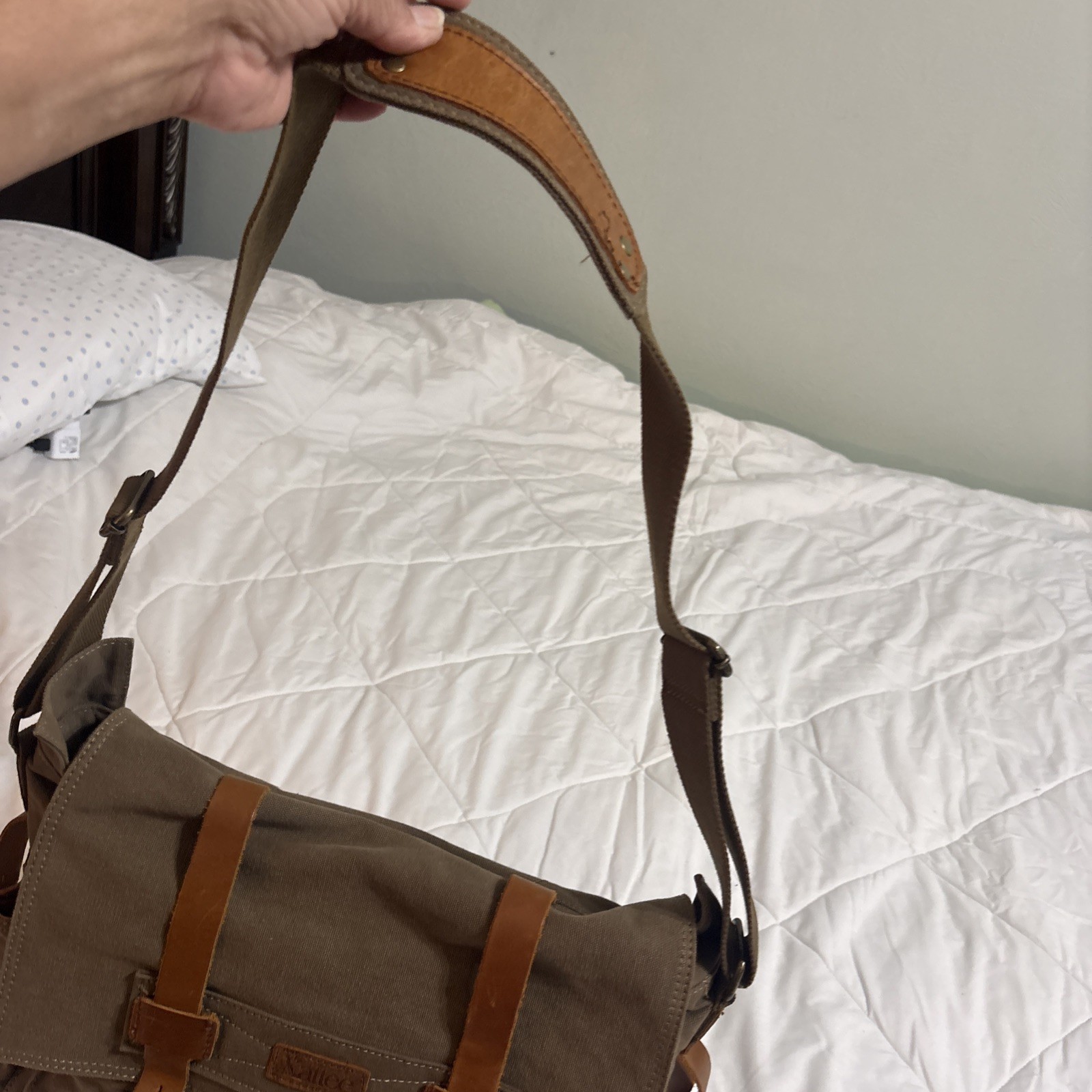 Kattee Canvas Messenger Bag Brown Leather Straps Snap Buckle Zip Adjustable Flap