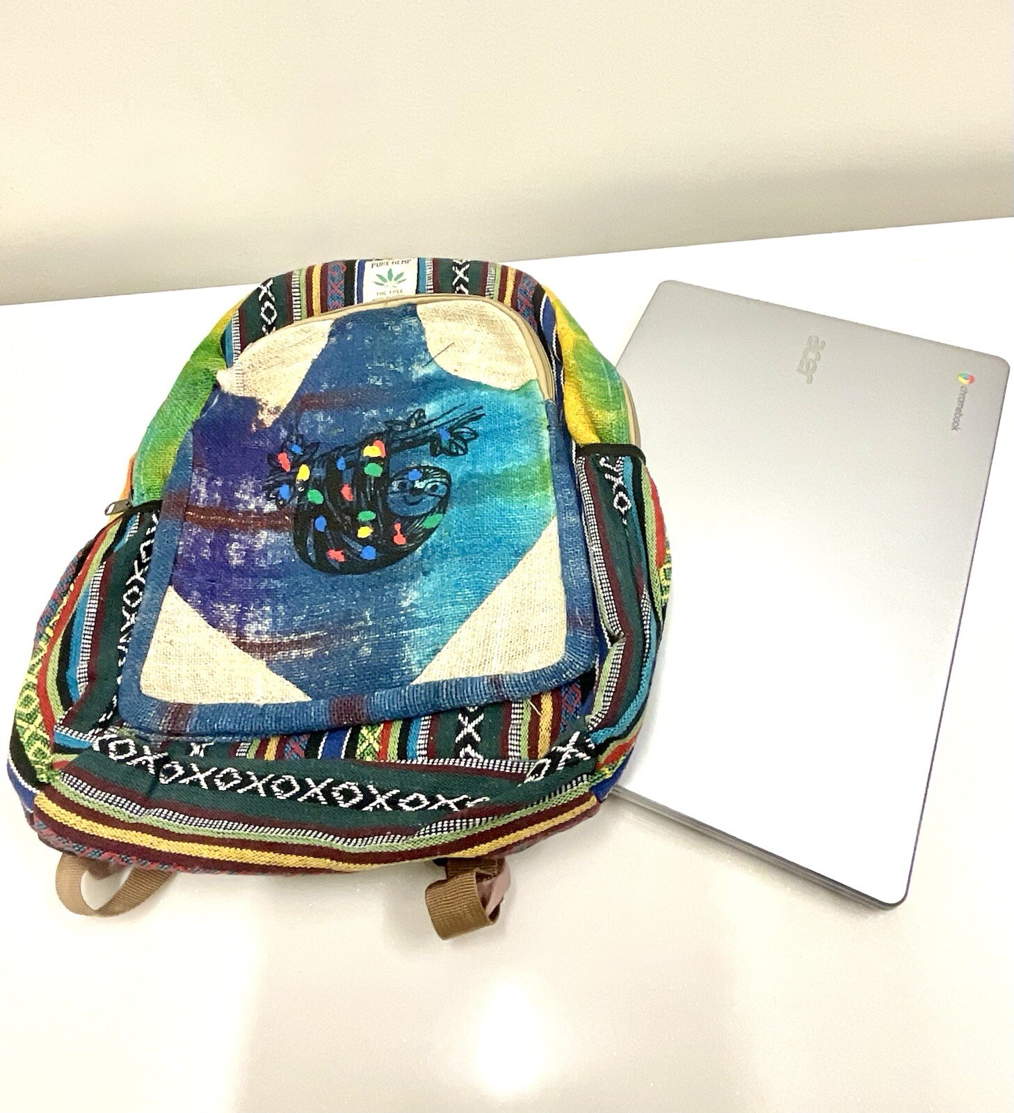 Handmade Hemp Backpack (Sloth) With Laptop Pocket Nepal Fair Trade Hiking Boho