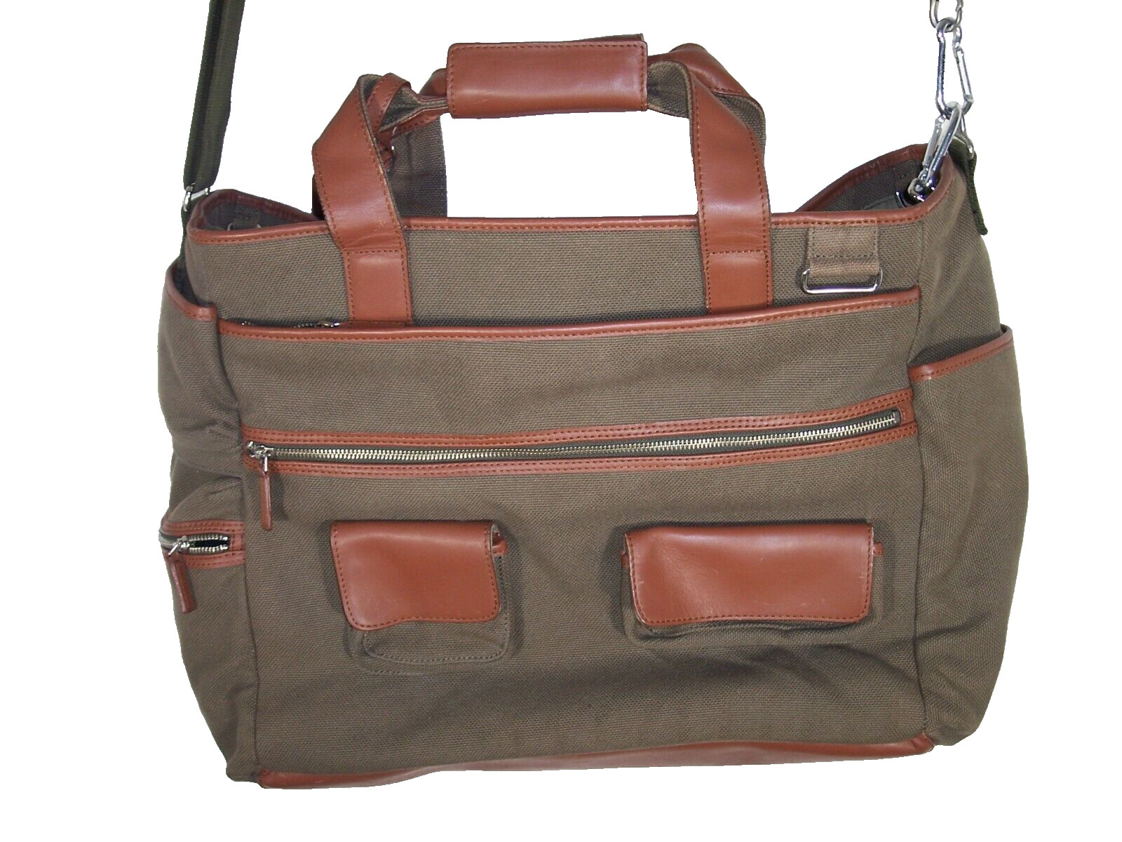 Vintage Levenger Olive Canvas/Brown Leather Messenger Bag 17″ x 8″ x 14″