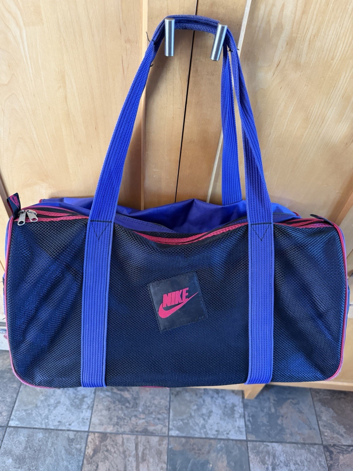 Vintage 90s Nike Distressed Spell Out Box Logo Handled Duffel Bag Gym Bag Red