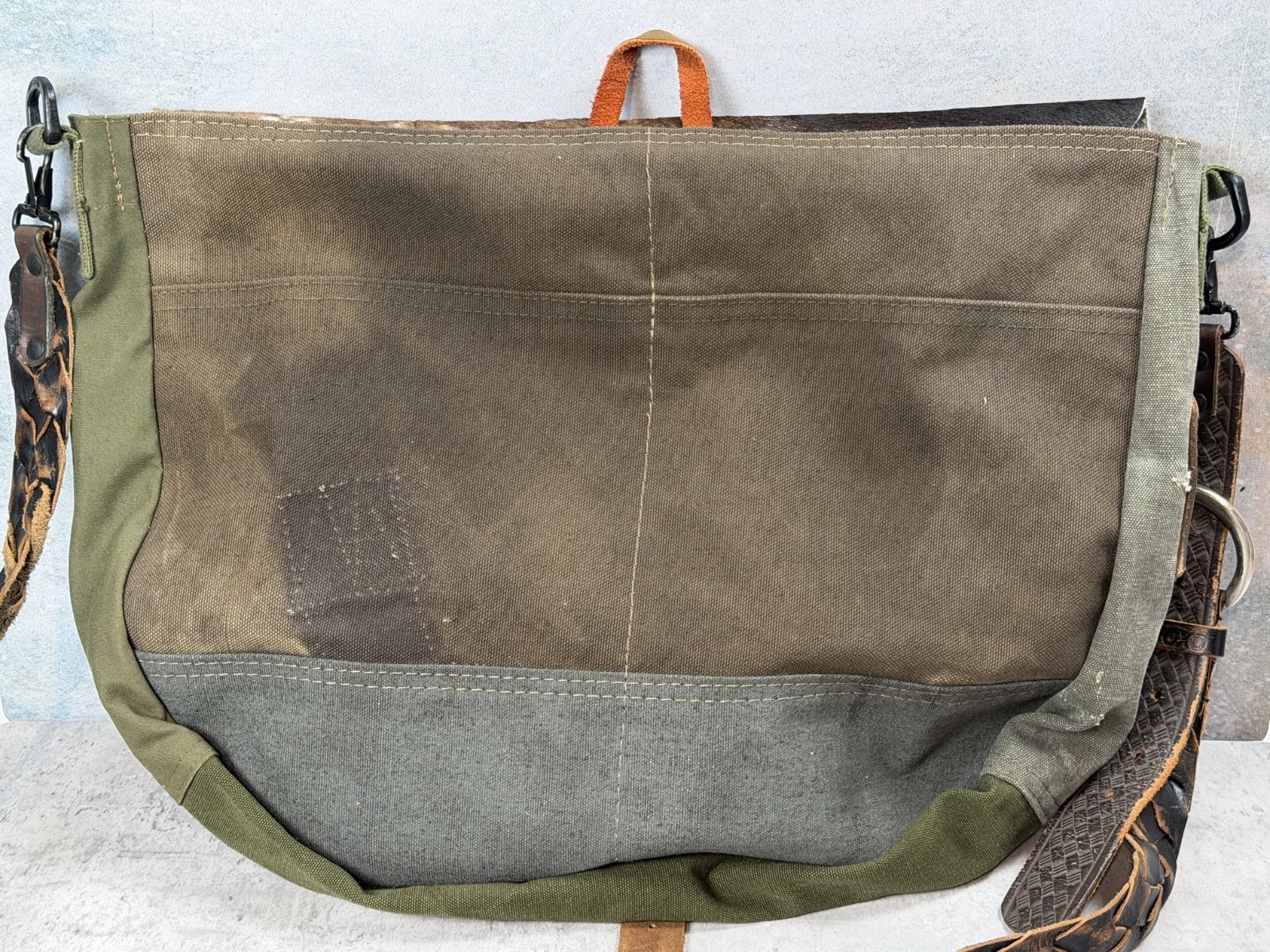 Vintage Army Military Newspaper Bag Upcycled Leather Hide Canvas 17×13 OOAK