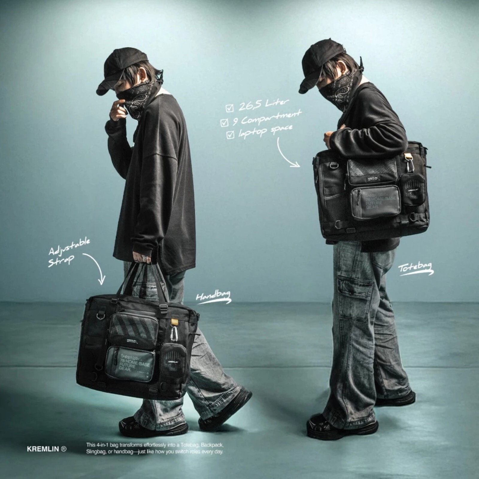 Kremlin Black Backpack Carrier Messenger Futuristic Fullzip Crossbody Scenery