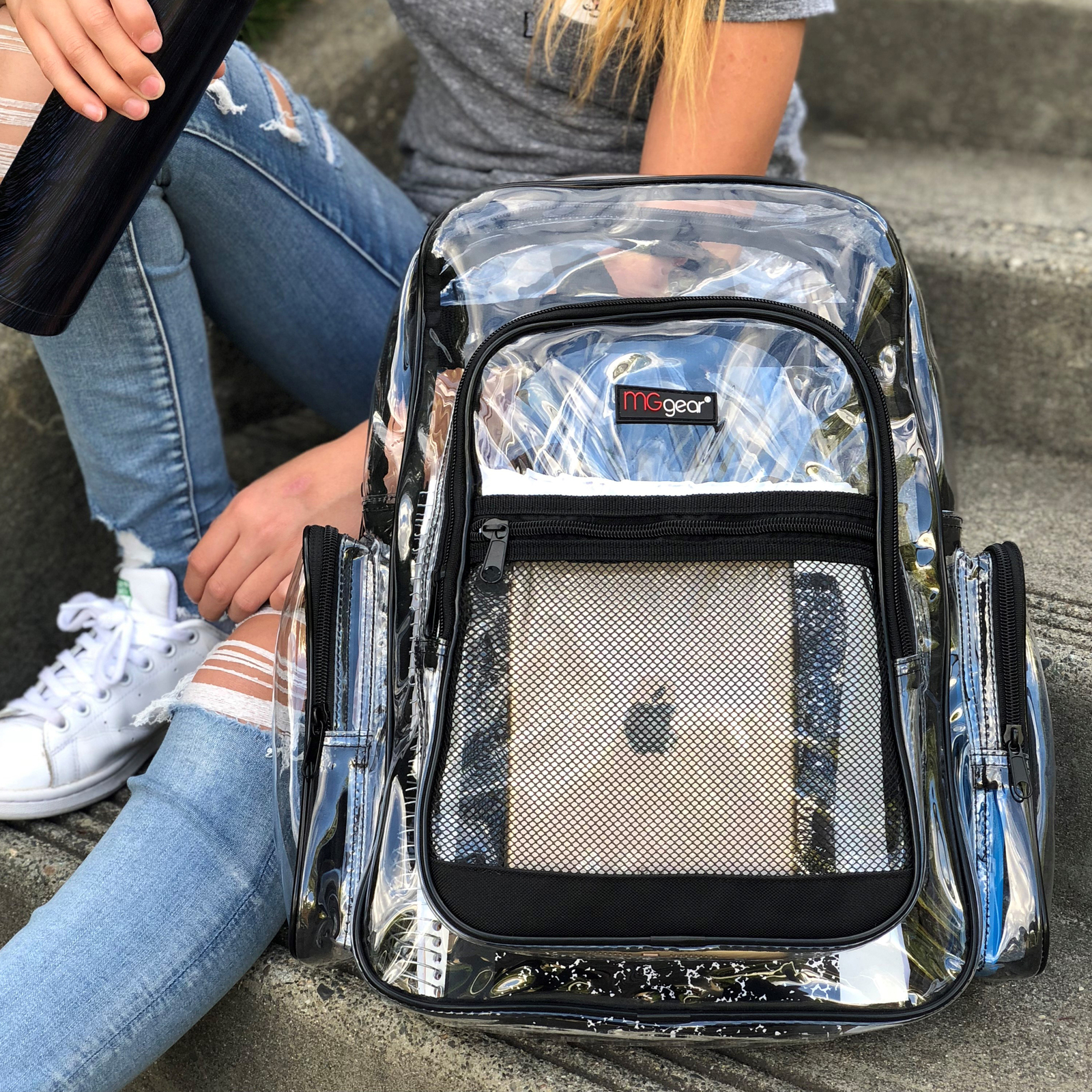 Clear Transparent PVC Multi-pockets School Backpack, Black Trim See Thru Bookbag