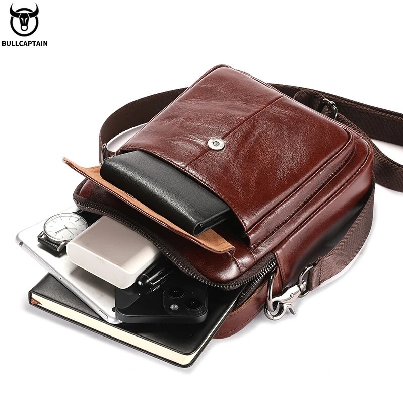 BULLCAPTAIN Men’s Leather Shoulder Bag 7.9″ Handbag Retro Casual Crossbody Bag