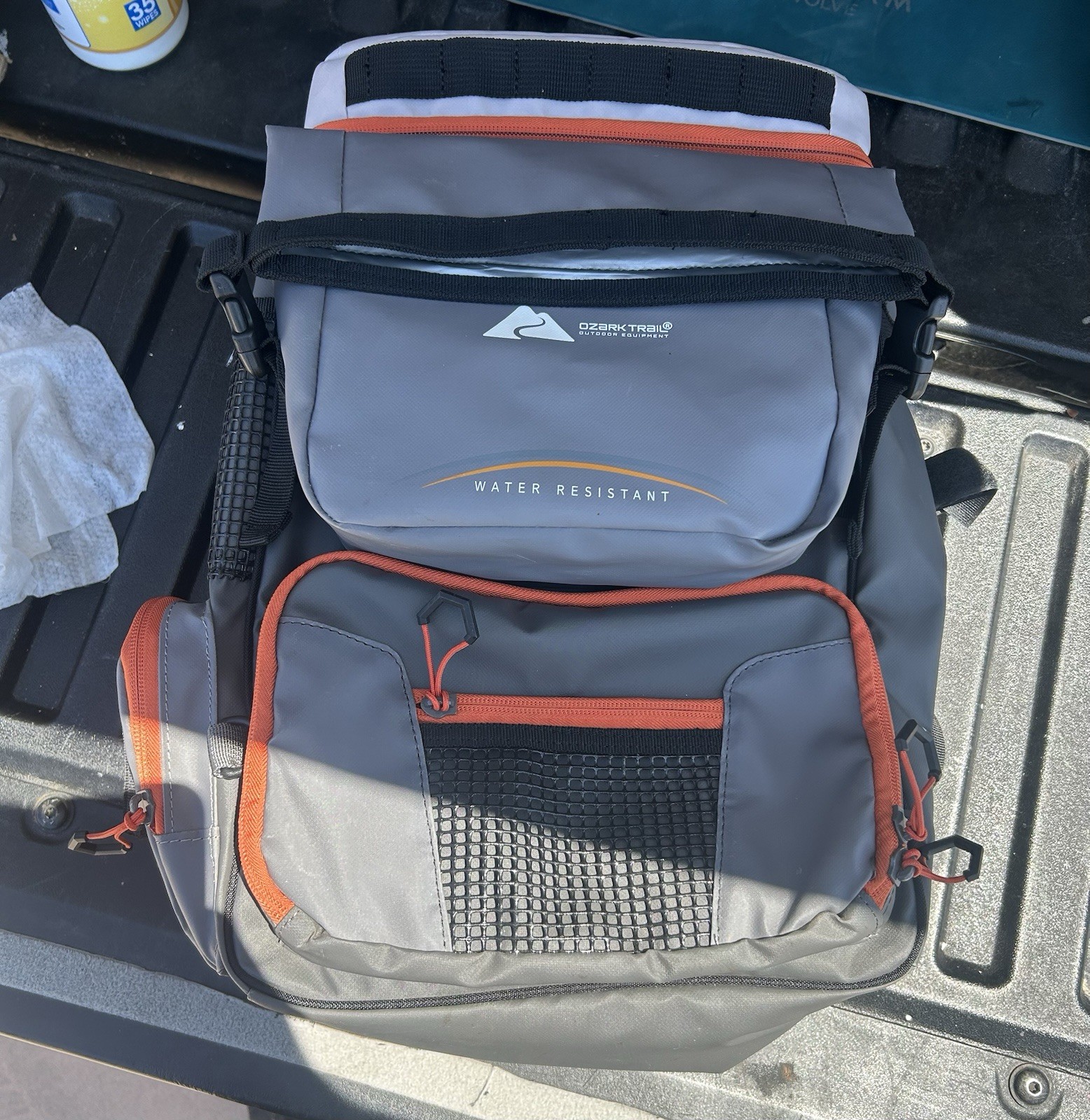 Ozark Trail Water Resistant Gray/Orange/Black Zip Fishing Backpack