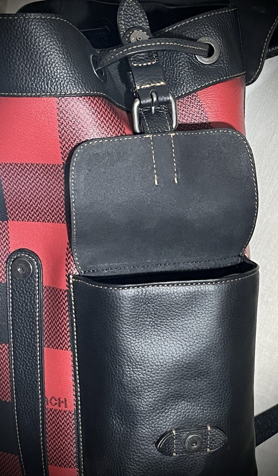 Coach C1240 Hudson Backpack Buffalo Plaid Red Black Leather Rucksack Laptop Bag