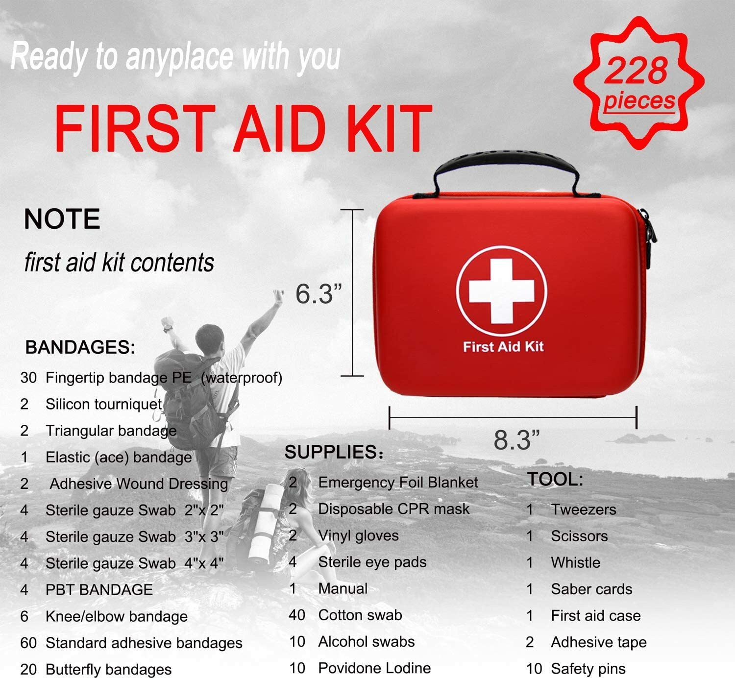 Kit de premiers secours compact (228 pièces) conçu pour les soins d’urgence
