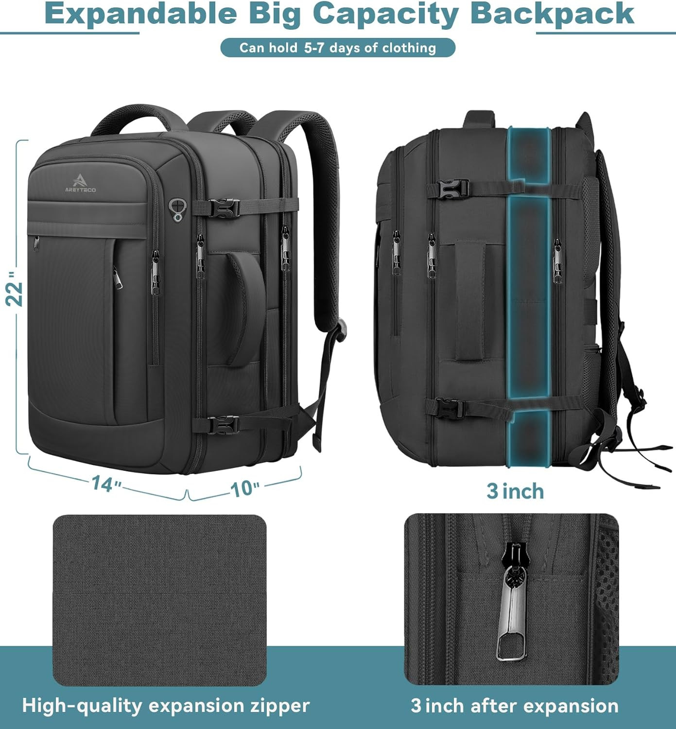 Travel Backpack, 50L Expandable Extra Large Laptop Backpack, Carry on Backpack