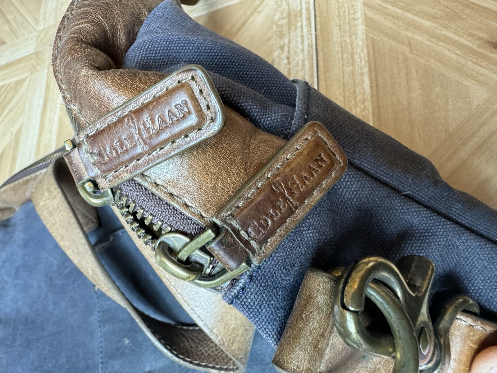 Cole Haan Navy Blue Large Travel Or Day Canvas With Leather Trim Duffle Handbag