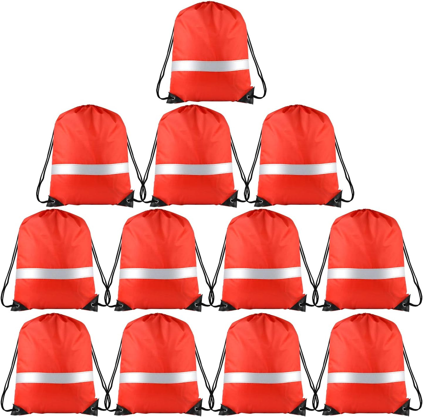 12 Pcs Red Drawstring Backpacks with Reflective Strips – Polyester, 15.7″ X 13.4