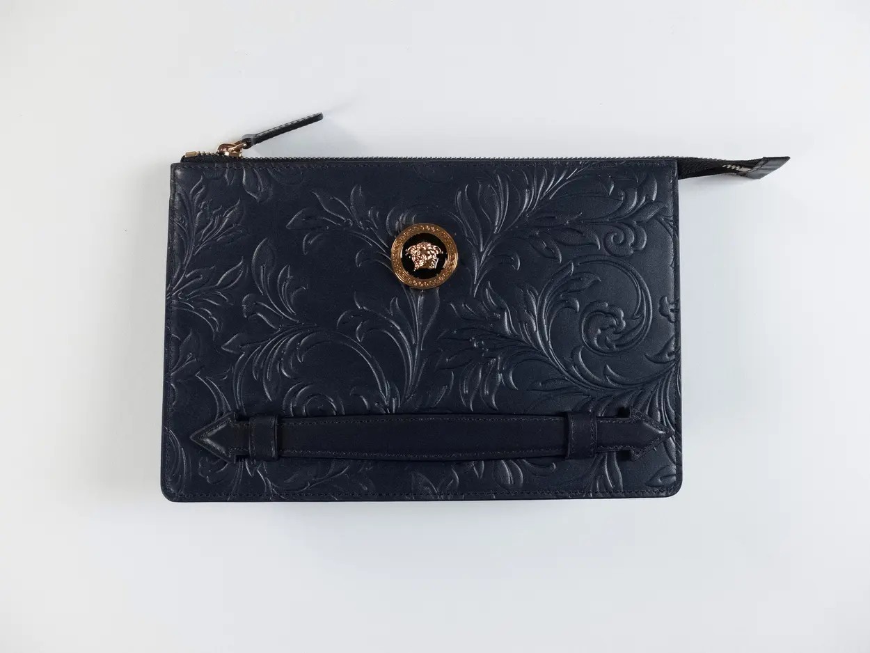 (NO CUSTOMS TAX) VERSACE La Medusa blue baroque floral motif embossed clutch bag