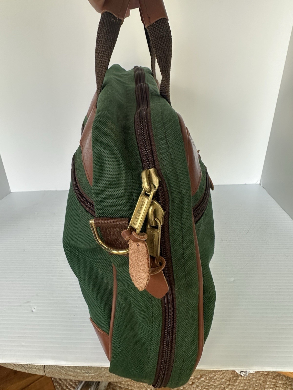 LL Bean Vintage Canvas/Leather Briefcase Laptop Bag Green Embroidered , No Strap