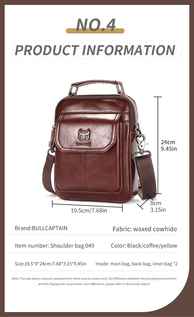 BULLCAPTAIN Men’s Leather Shoulder Bag 7.9″ Handbag Retro Casual Crossbody Bag