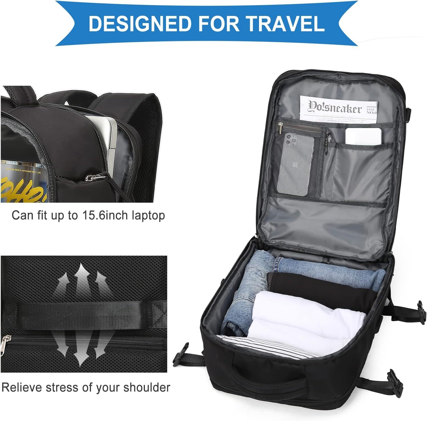 WONHOX Large Travel Backpack Carry on Flight Approved Laptop Large, A1-black