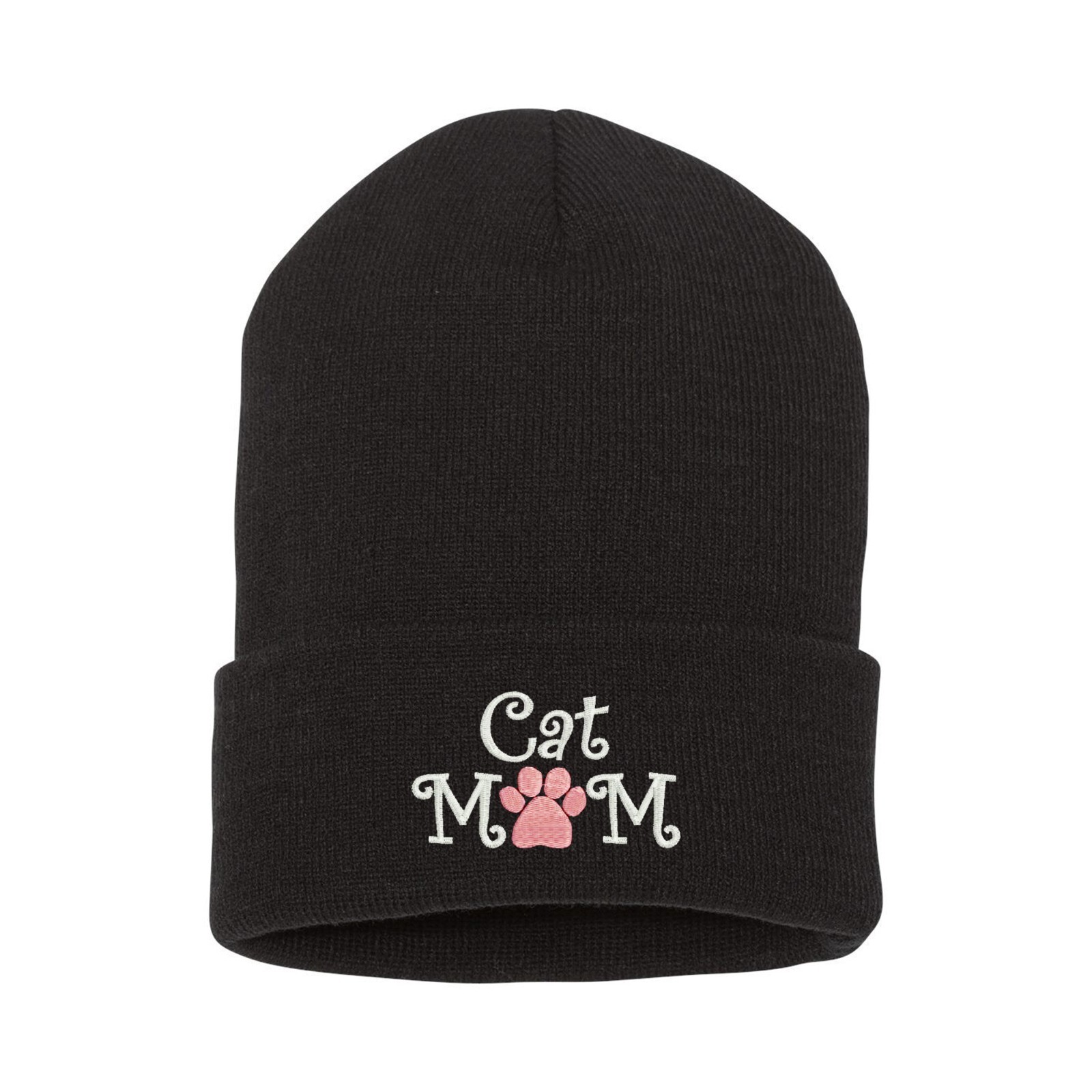Cat mom embroidered black beanie hat, embroidery winter beanie