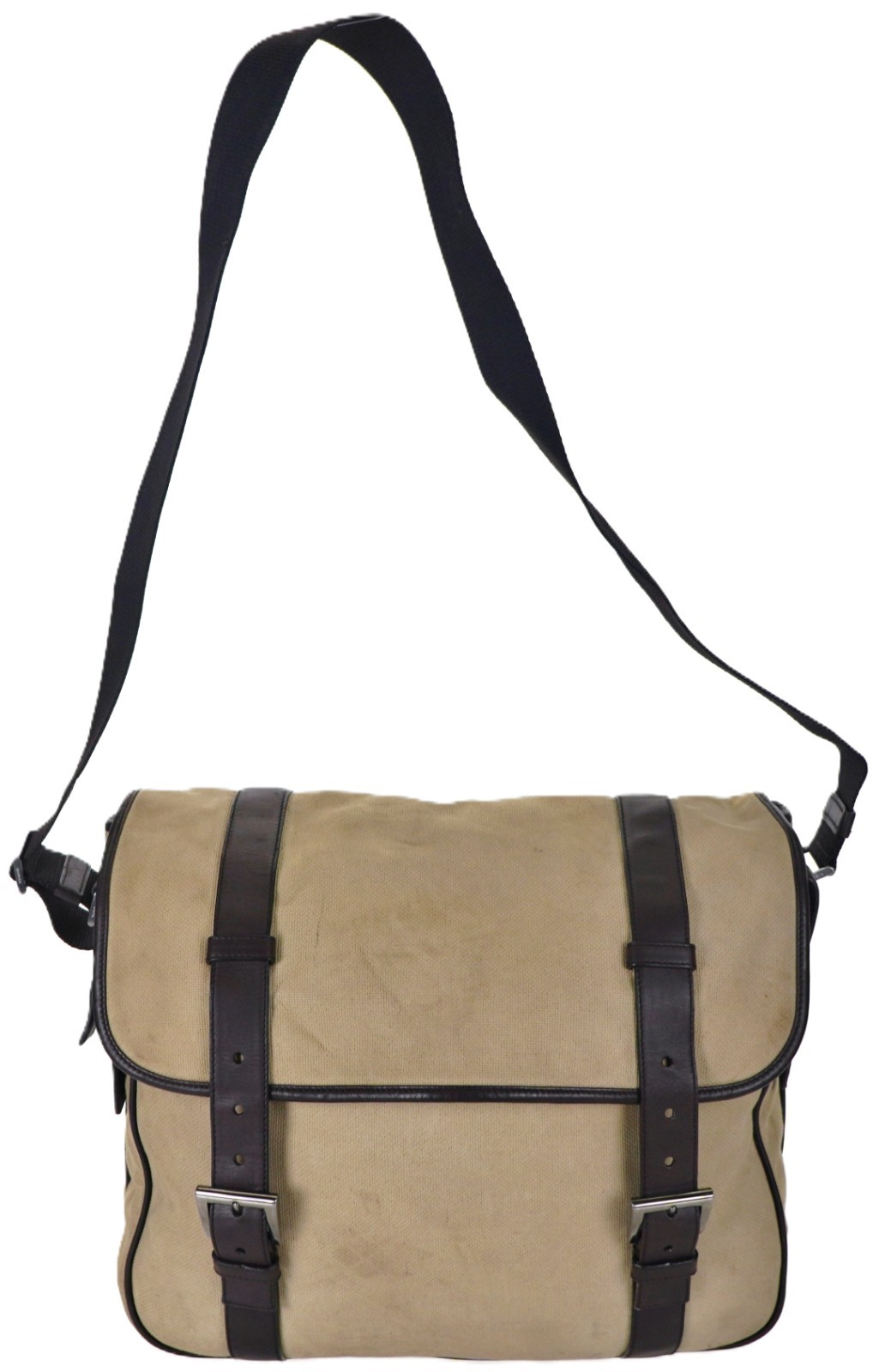 Vintage PRADA Beige Brown Canvas Leather Messenger Crossbody Bag Italy