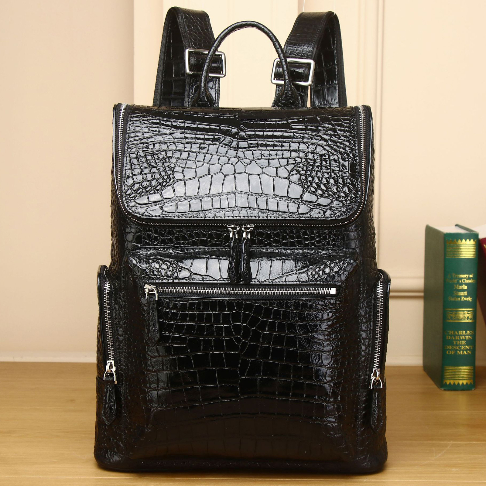 Top Cowhide Leather Black Backpack Crocodile Belly Pattern Men’s Travel Rucksack