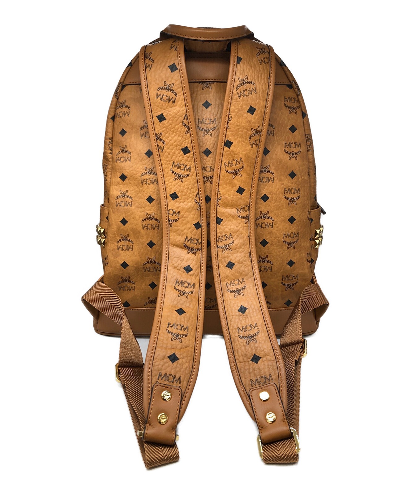 MCM Stark Visetos Brown Monogram Studded Leather Backpack Men Gold Tone 41cm