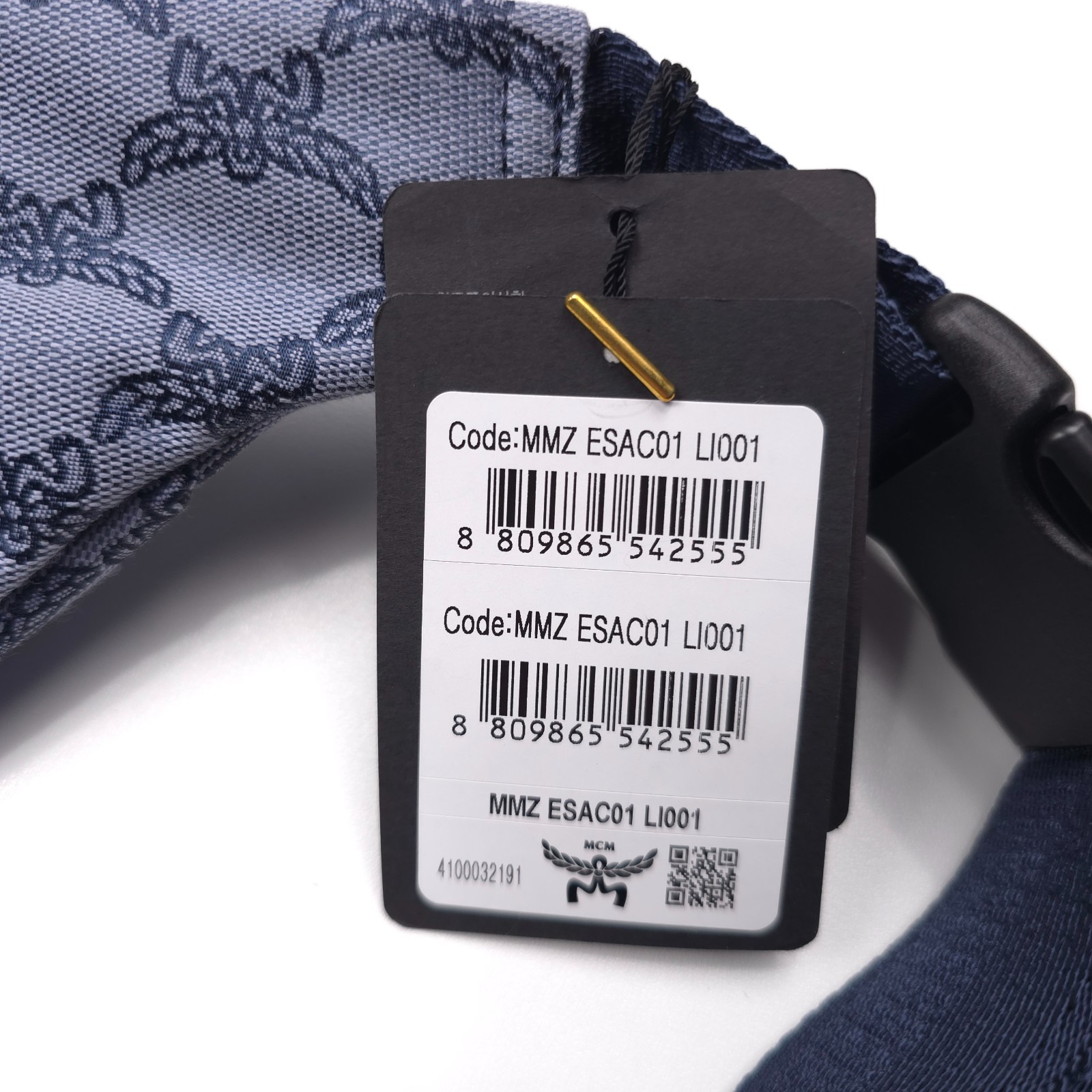 $650 MCM Himmel Lauretos Jacquard Fabric Belt Bag in Steel Blue Mens Authentic