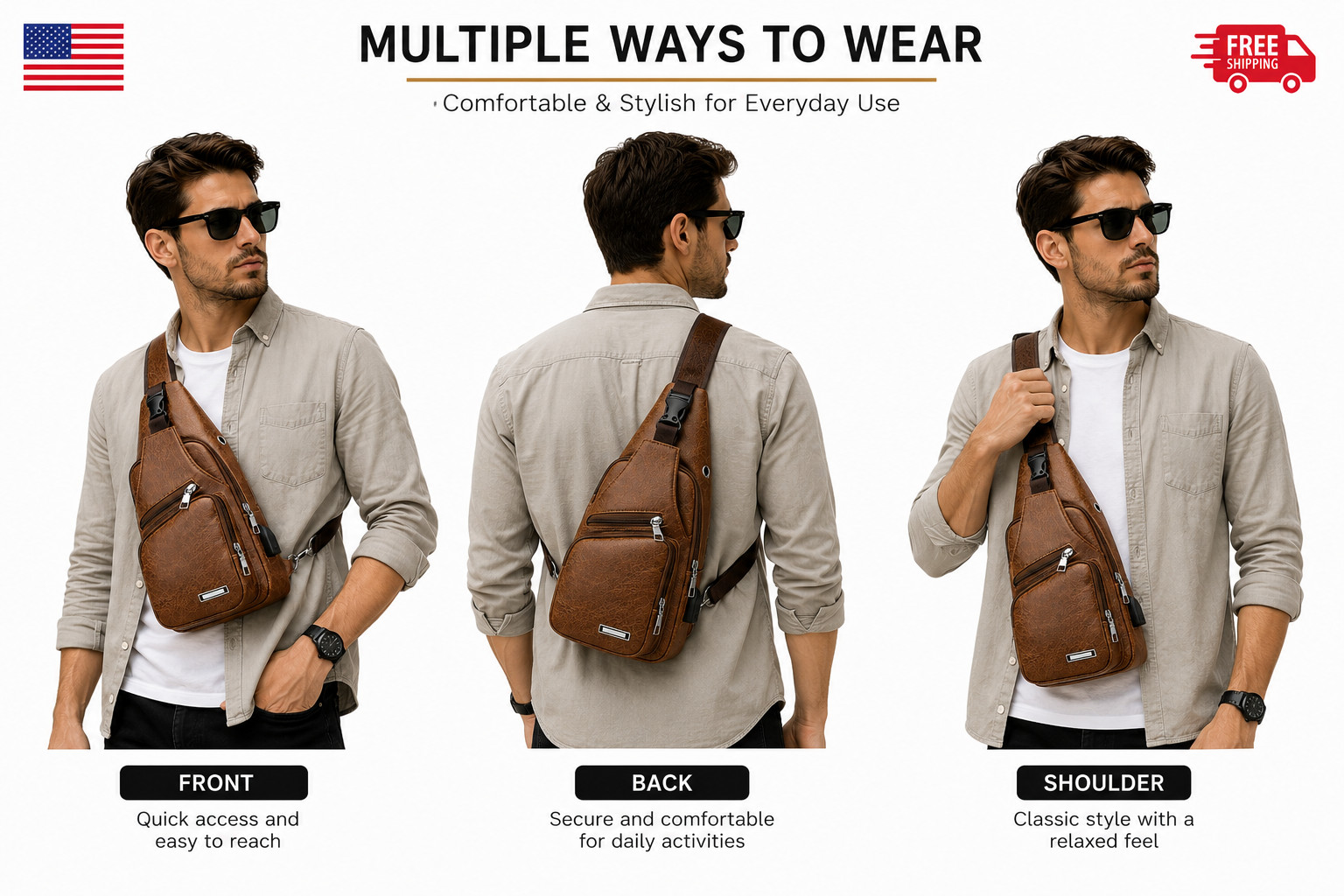 Chest Crossbody Bag Sling Backpack for Men with USB Charge Port Brown