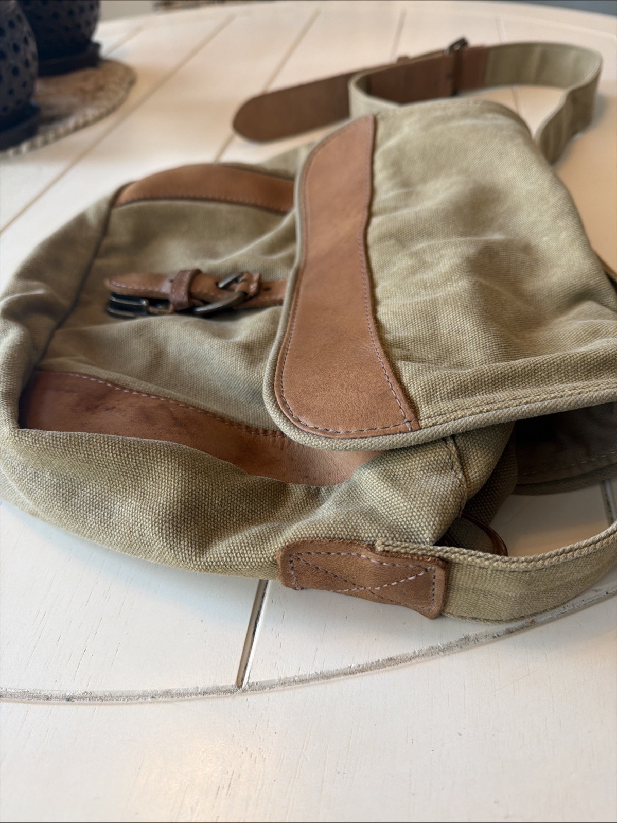 LL Bean Leather Canvas Crossbody Messenger Bag Flap Distressed Field Purse
