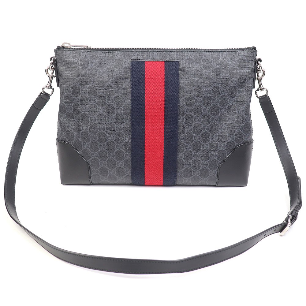 Gucci GG Supreme Canvas Messenger Bag Black Gray Web Stripe Shoulder Clutch