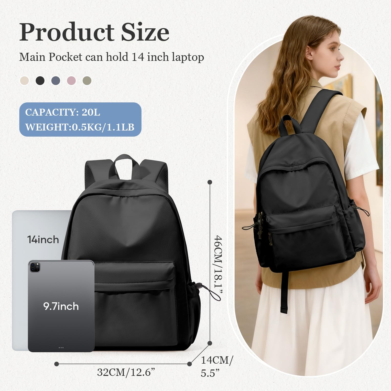 Classic Basic Black Backpack For Women Waterproof Middle School Bookbag