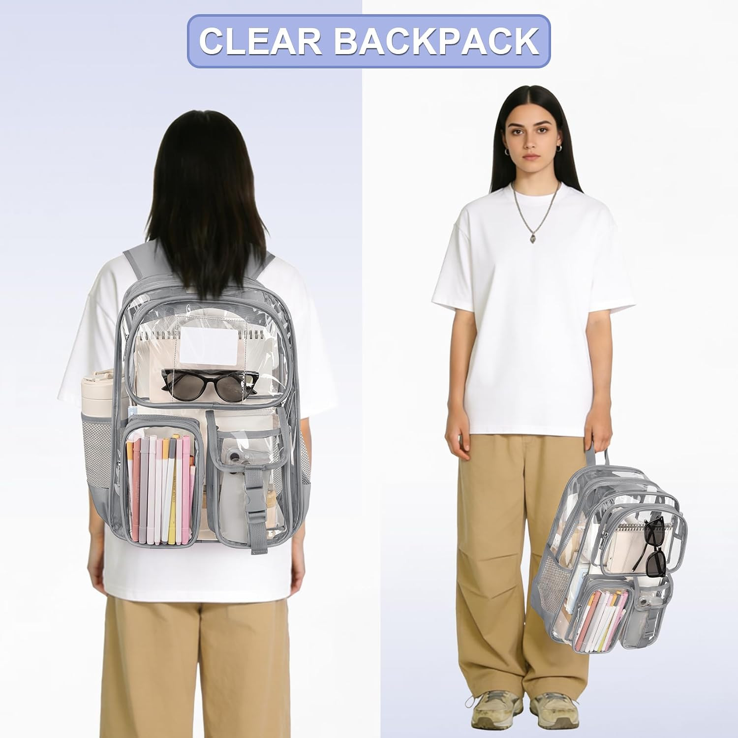Clear Backpack for School, Large Heavy Duty Clear Bookbag with Luggage Strap & S