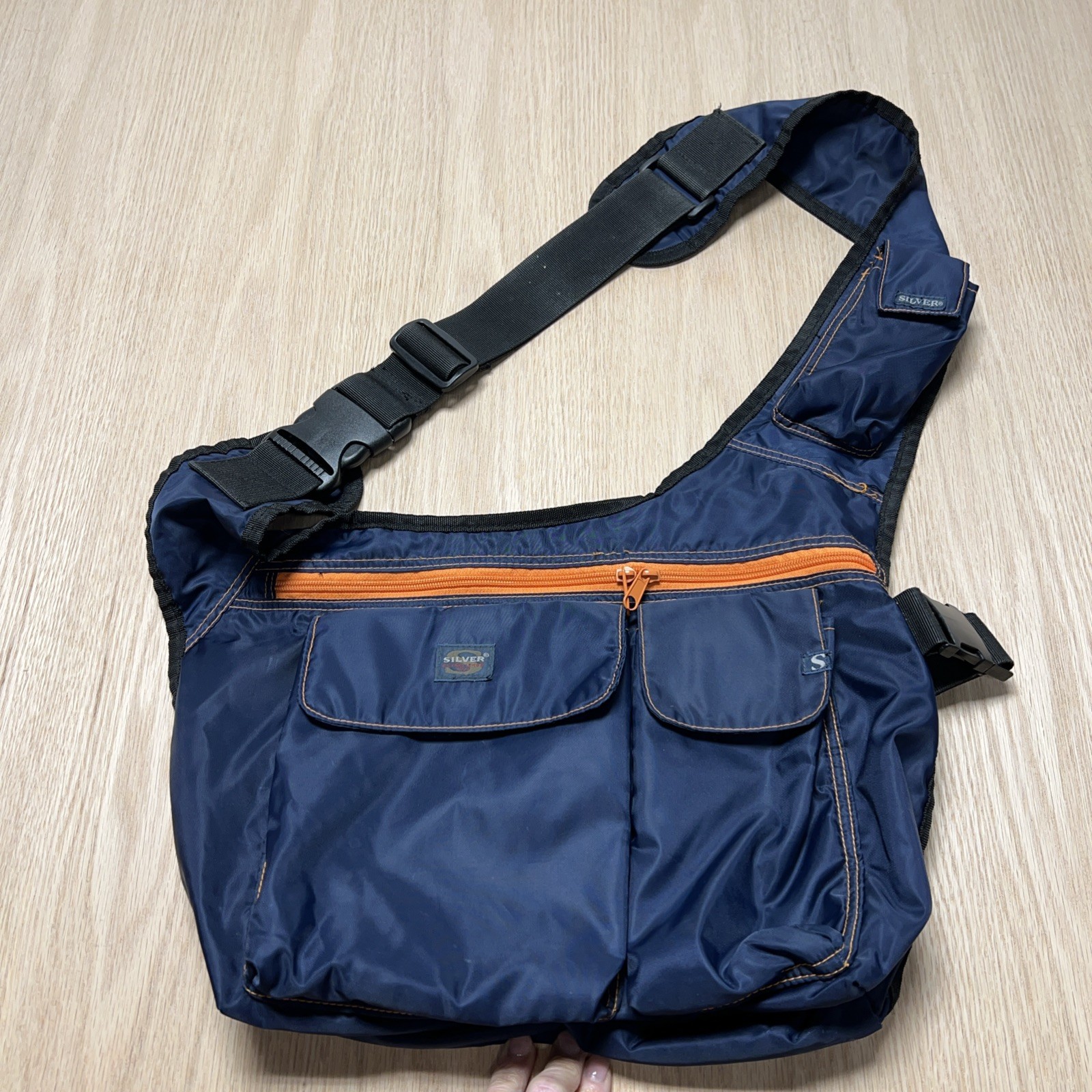 Silver Medium Messenger Bag – Blue/Orange Shoulder Strap And Waist Belt