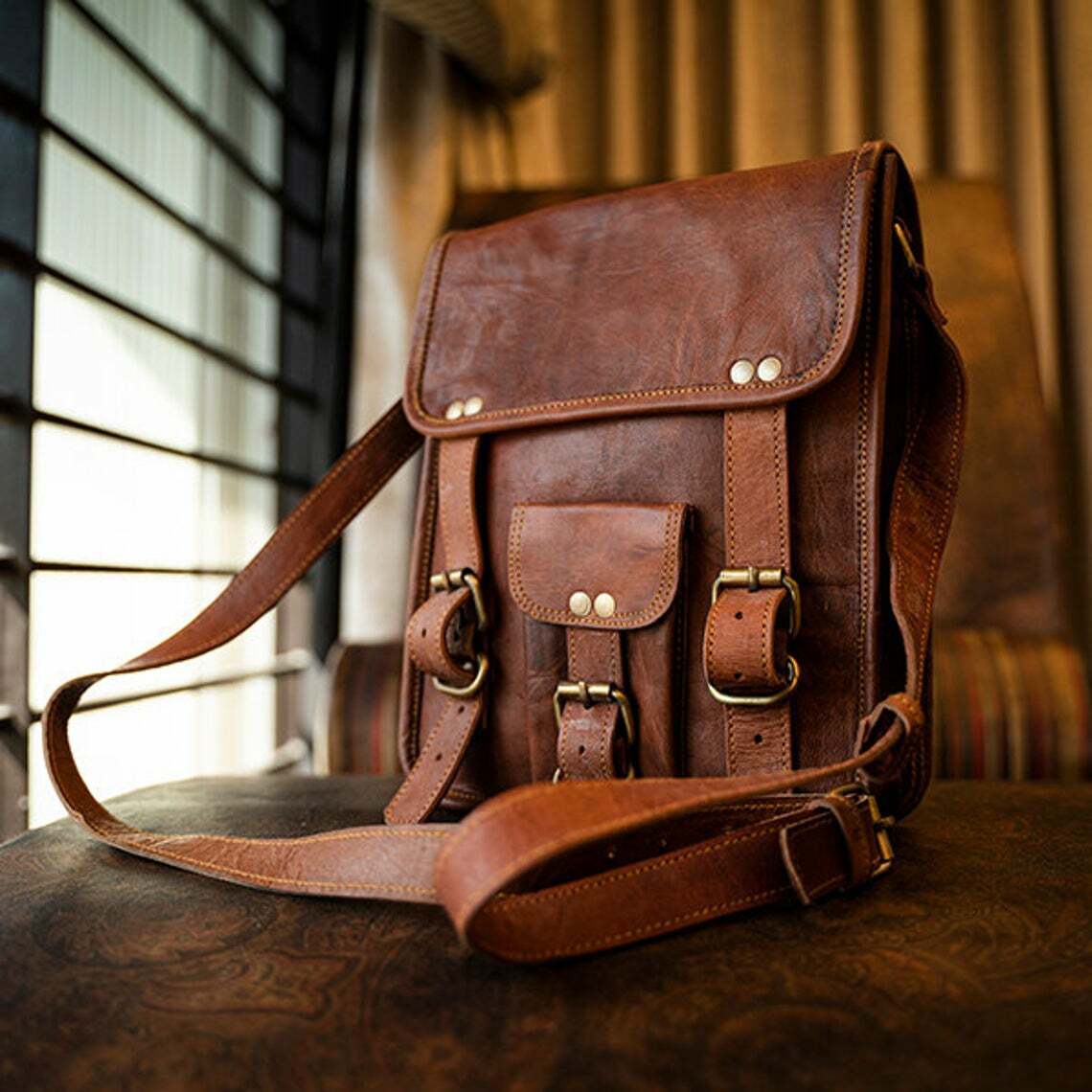 11 Inch Real Leather Men’s Vertical Messenger Laptop Briefcase Shoulder Satchel