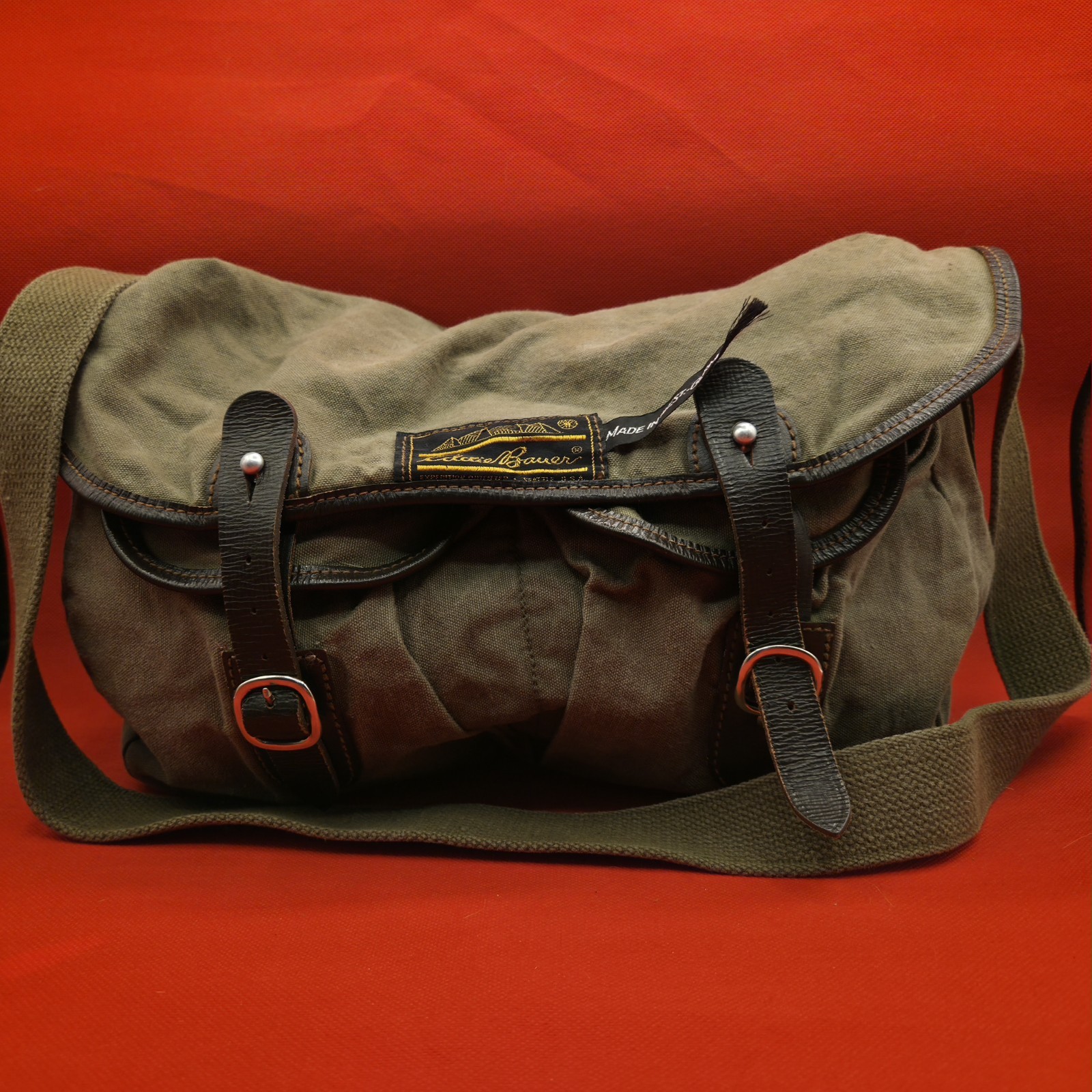 Vintage Eddie Bauer Canvas Messenger Bag Made in West Germany Leather Trim Khaki