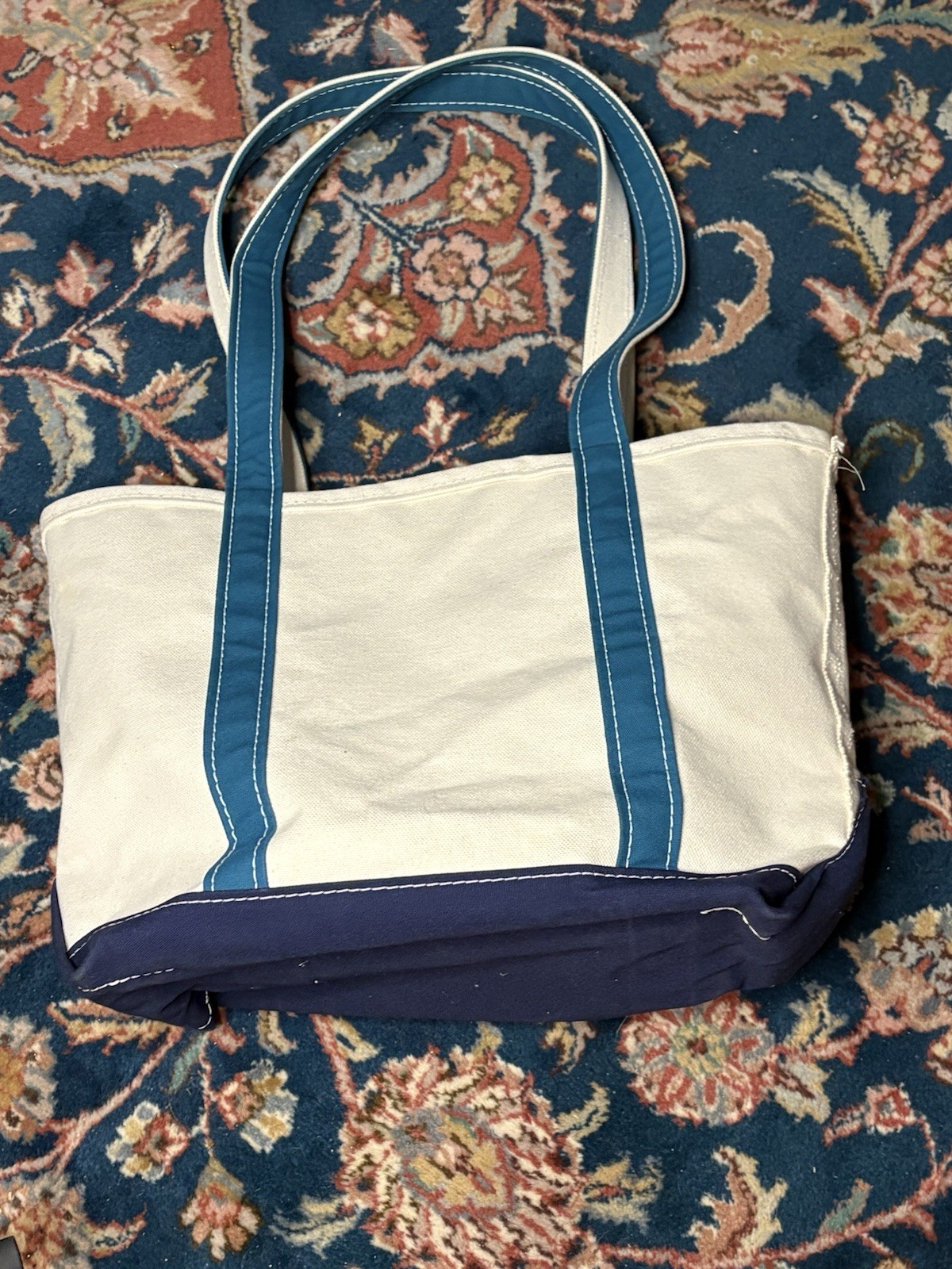 LL Bean Boat & Tote Bag Medium Royal Blue Turquoise Long Handle EUC Purse