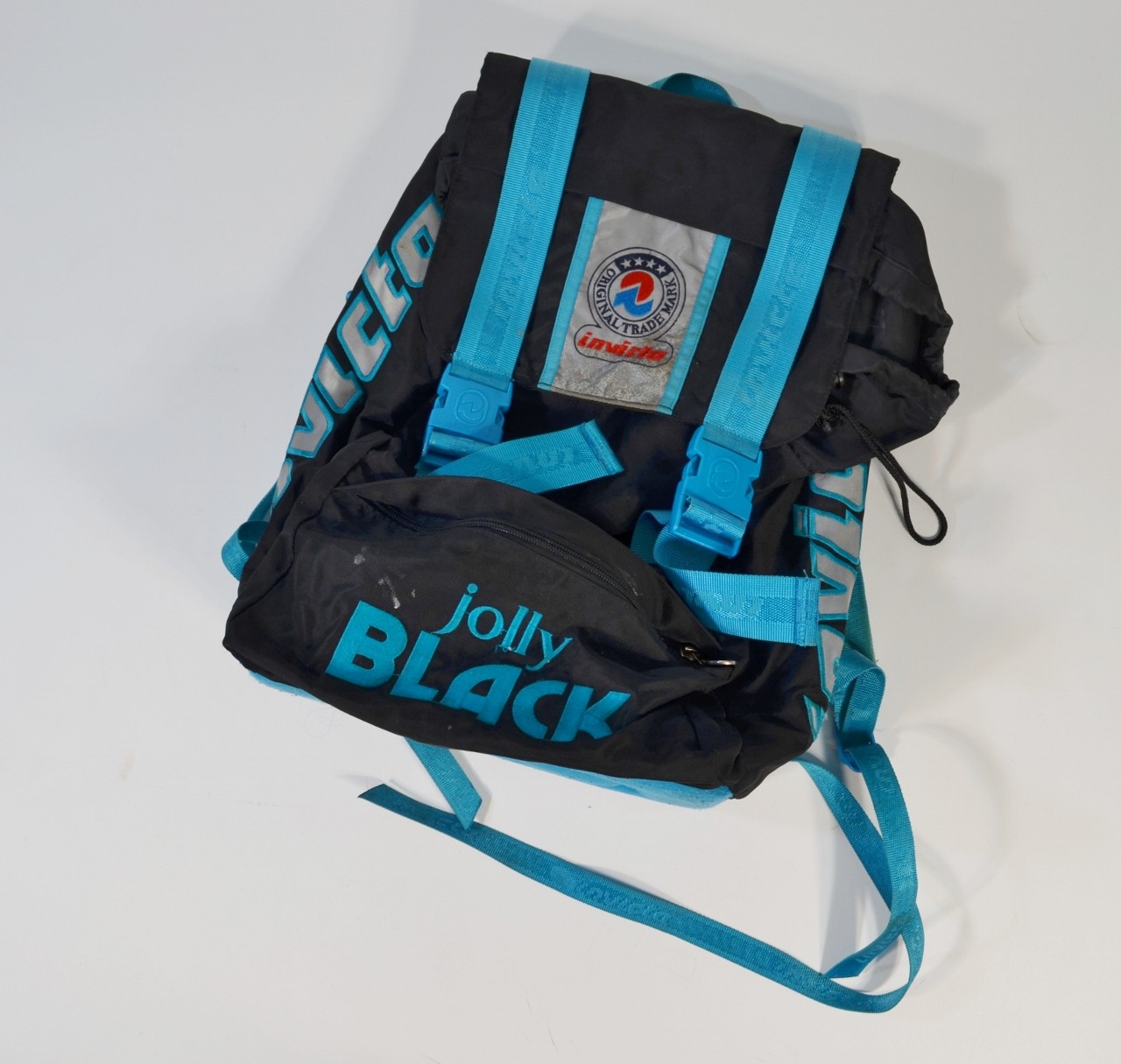 Invicta Jolly Black Backpack Black Teal Blue VTG Padded Italian Made in Italy