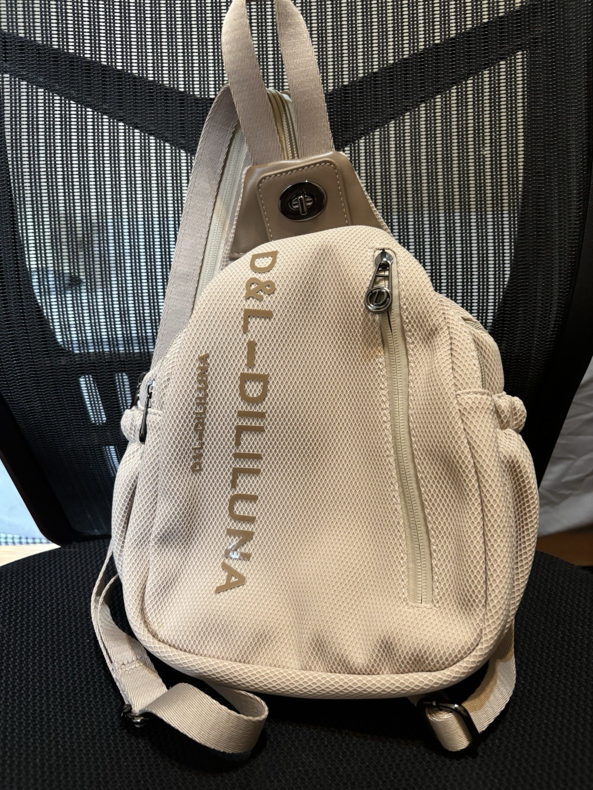D&L Dilluna Small Beige Backpack Sling Bag Adjustable Strap, Outer Pockets, Zip