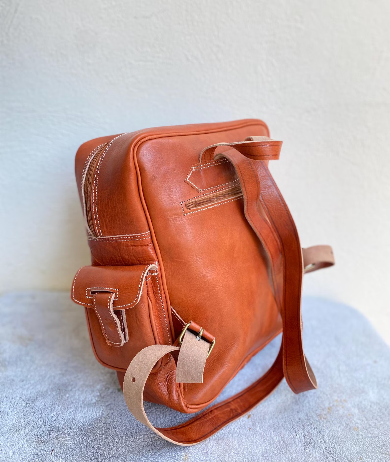 Handcrafted Genuine Leather Square Backpack – Cognac | 38cm x 30cm