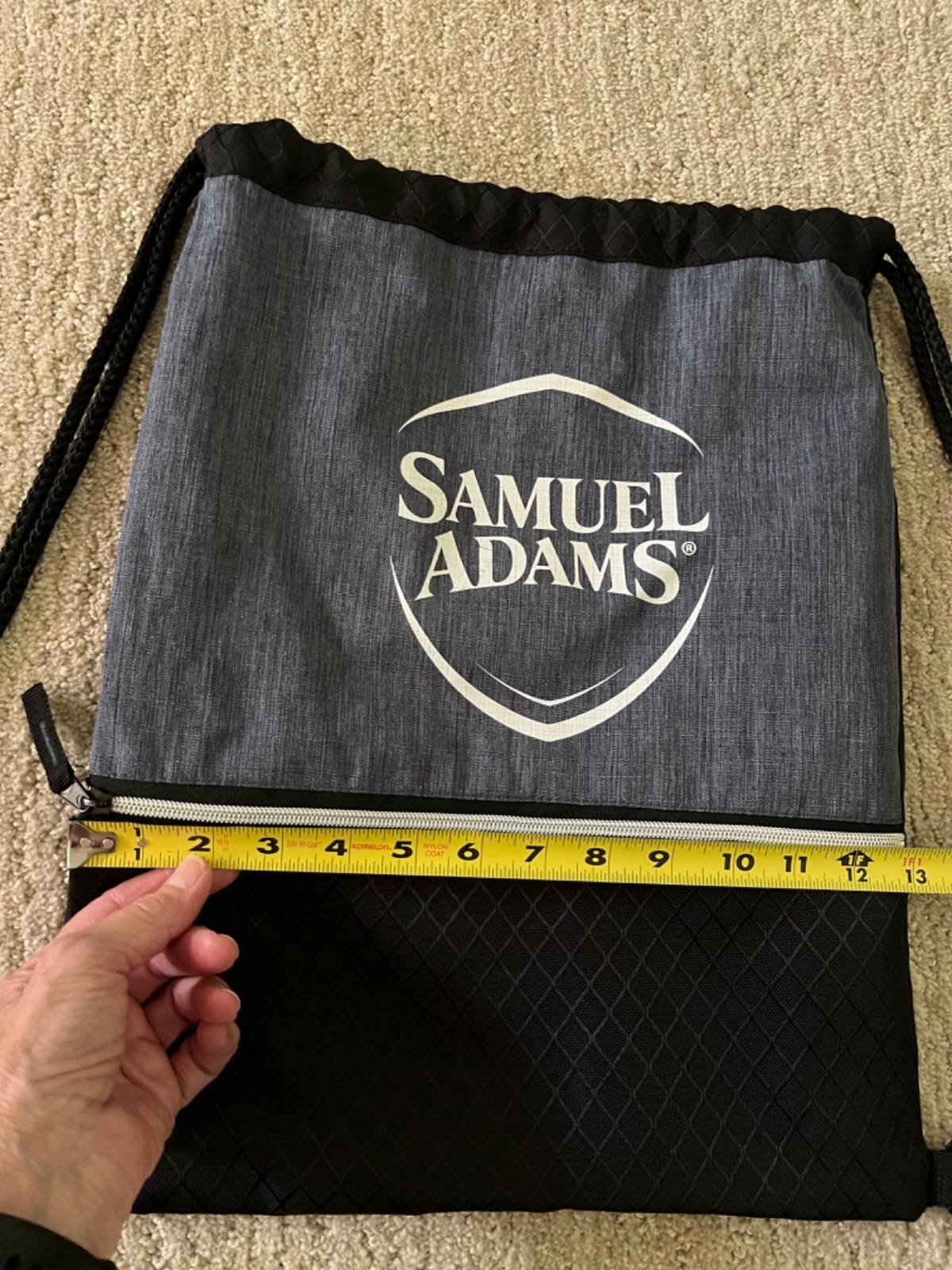 Samuel Adams Heather Navy/Black Drawstring Backpack Front Zip Pocket Logo
