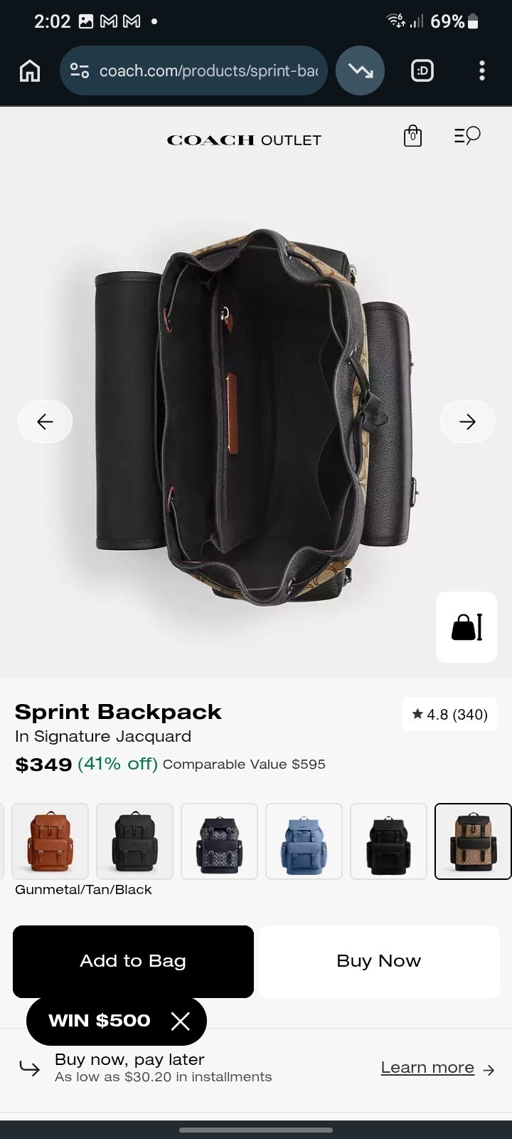 Coach Sprint Backpack Signature Pattern Tan/Black, Adjustable Strap, Pockets