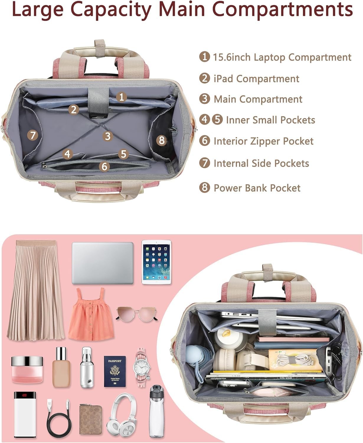Backpack for Women,Wide Open Work Large Student Bookbag for 15.6 Inch Laptop,…