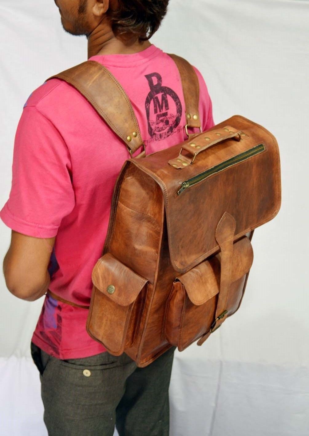 Leather Bag Goat Men’S Backpack Rucksack Vintage Craft Laptop Brown Messenger